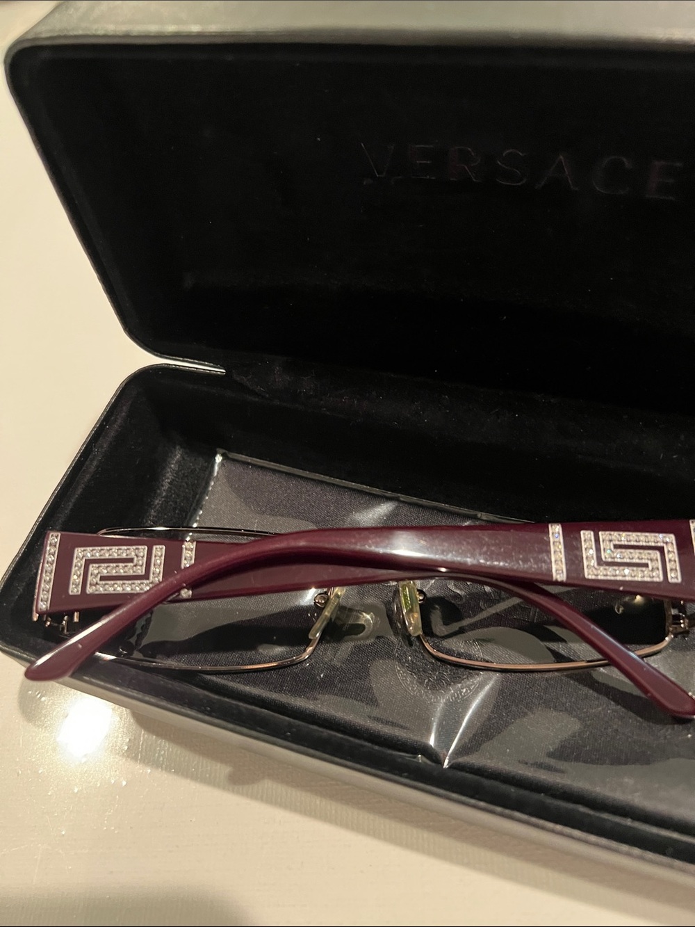 Authentic Versace Eyeglass Frame Plum Rhinestone Metal Rectangular + Case - Picture 6 of 13